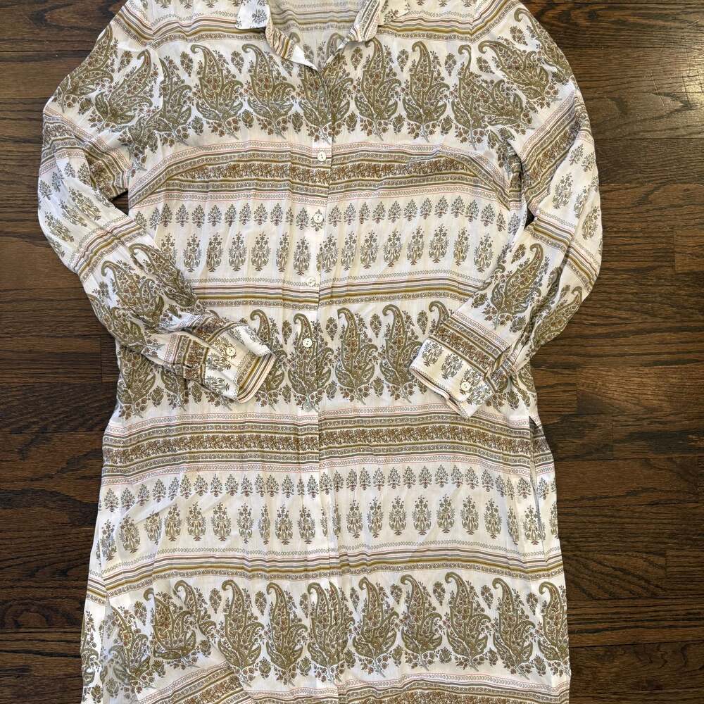 J. Jill Shirt Womens M White Green Tunic Shift Long Sleeve 100% Rayon